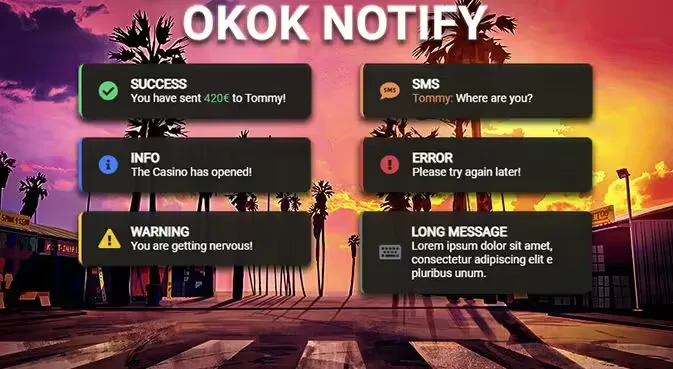 OKOK Notifications product preview for standalone FiveM servers