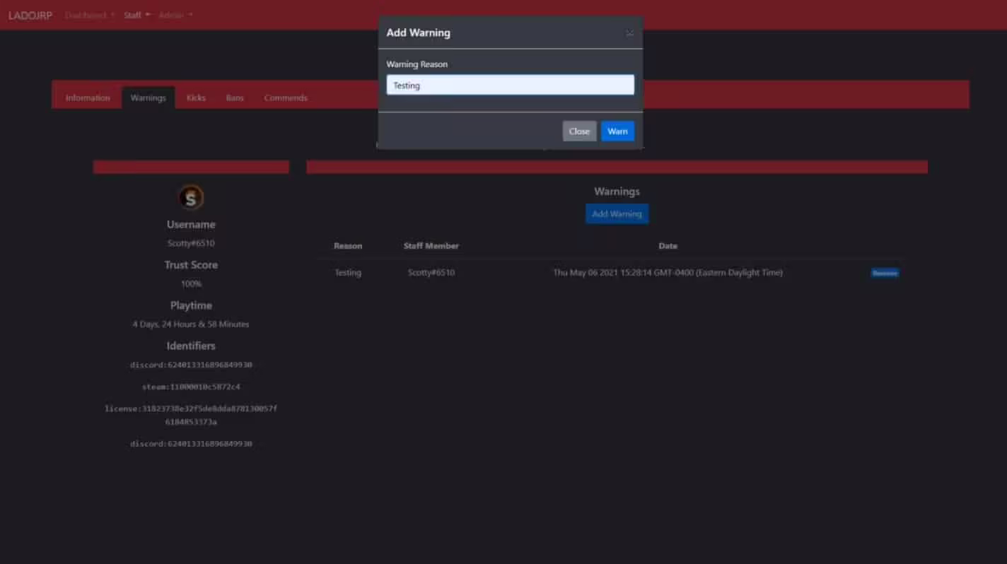Staff Portal (Web Panel) - Warn, Kick, Ban, Command