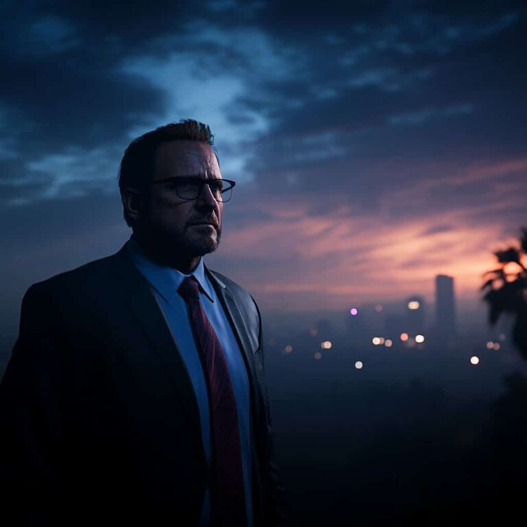Michael do GTA 6 confiante em um ambiente urbano movimentado, exibindo seu design de personagem e estilo icônico na mais recente edição da série Grand Theft Auto.