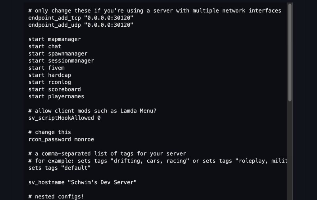 Screenshot einer server.cfg