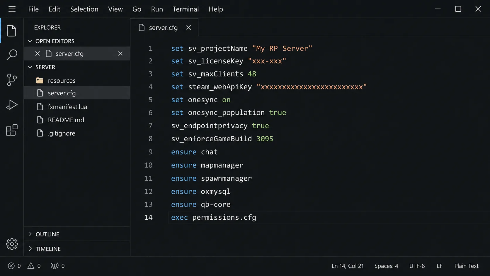 server.cfg file open in VS Code showing QBCore framework setup with essential resources and oxmysql