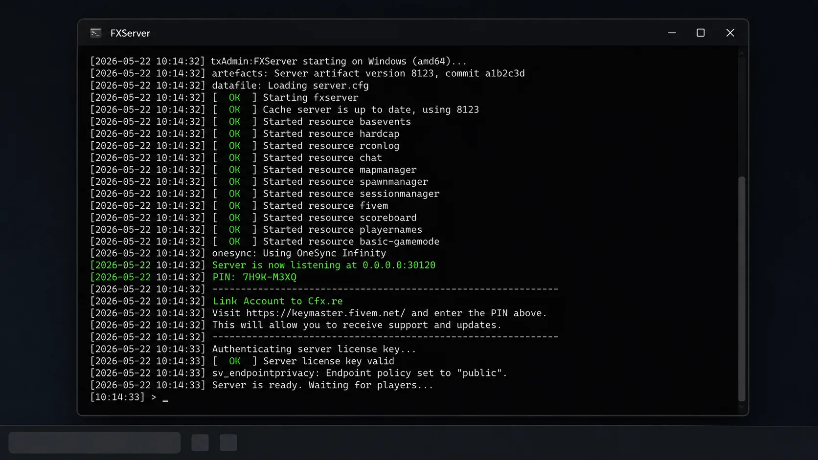 FXServer console window starting a FiveM server with the Cfx.re PIN and resource load status
