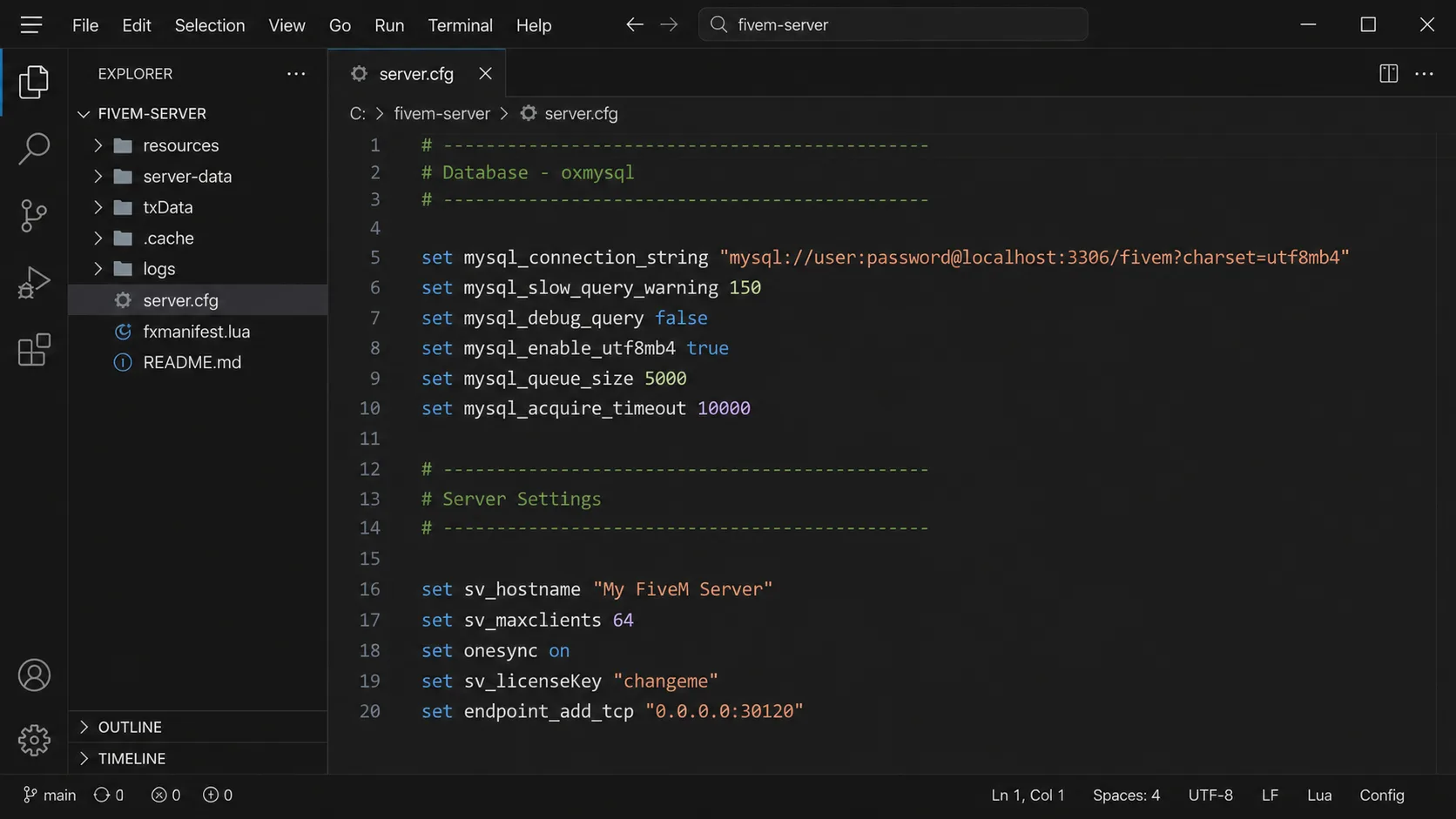 oxmysql MySQL connection string configuration in server.cfg with utf8mb4 charset and slow query warning