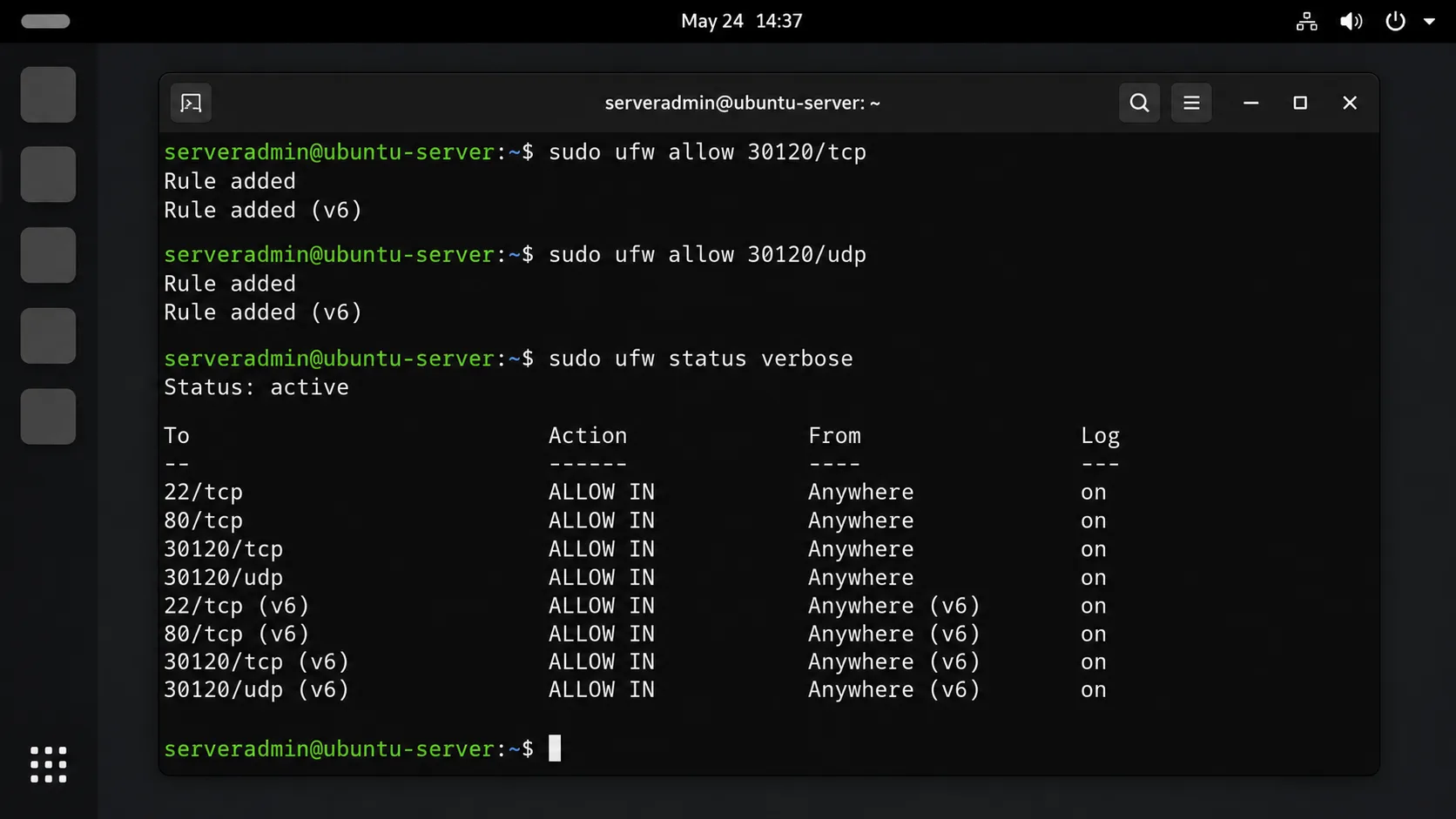 Ubuntu terminal showing ufw firewall rules to allow FiveM ports 30120 TCP and UDP