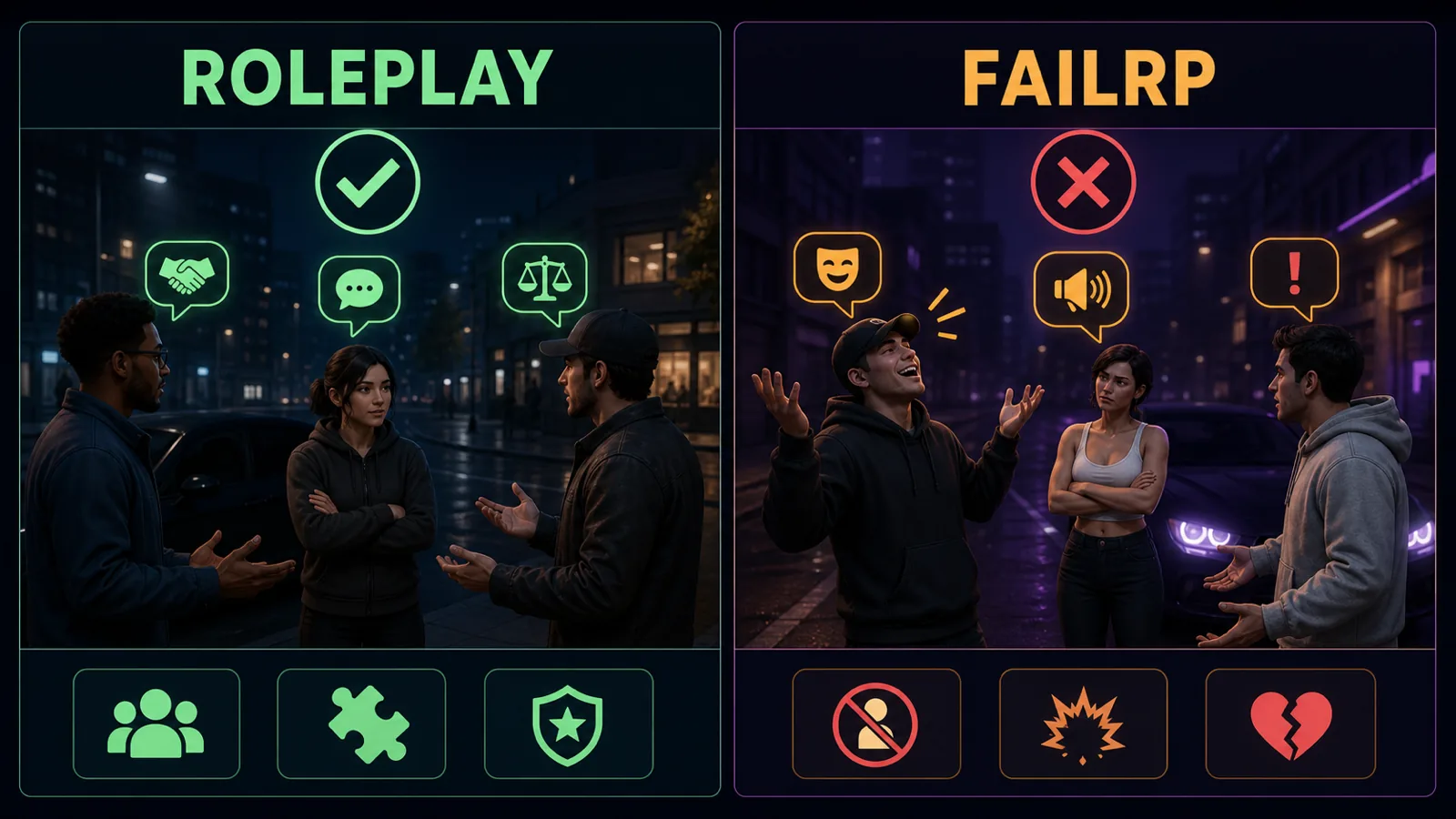 ¿Qué es FailRP? Significado, ejemplos y cómo evitarlo 2 Comparación del roleplay creíble y el comportamiento disruptivo FailRP