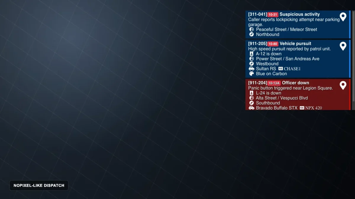NoPixel-like Dispatch preview with priority calls, GPS marker, vehicle and location details