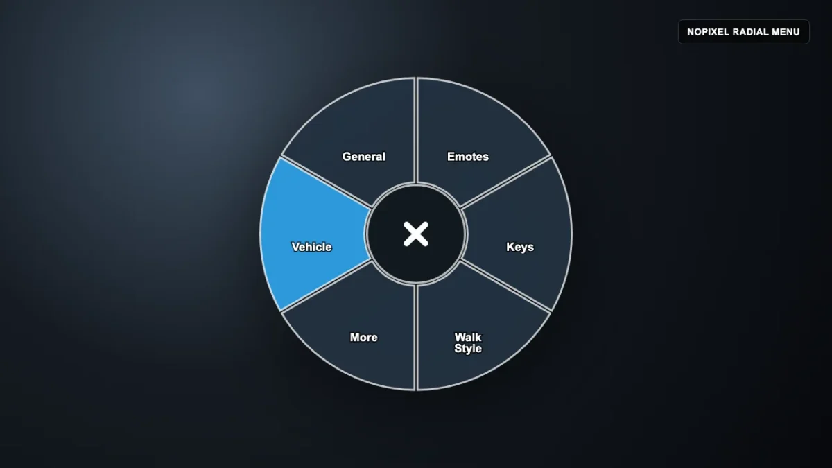 Prévia do menu radial %s no jogo %s com setores de veículo, geral, emotes, chaves, estilo de caminhada e mais