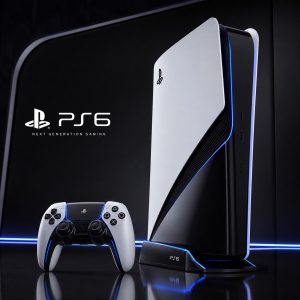 Imagem conceitual do PlayStation 6 com console e controle futuristas em preto e branco