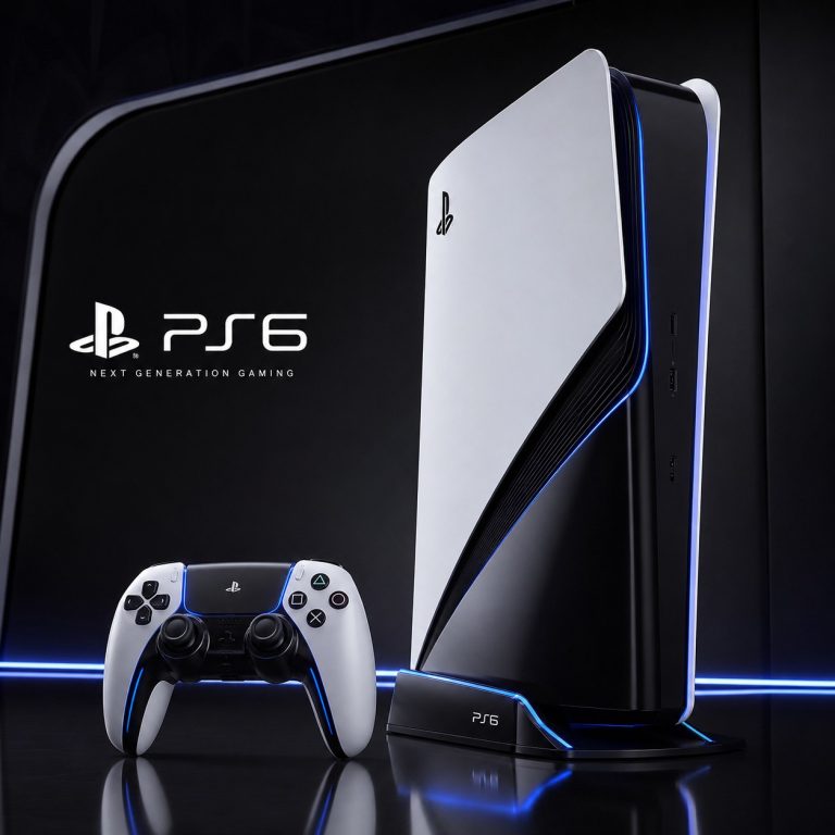 Immagine concettuale della PlayStation 6 con console e controller futuristici in bianco e nero
