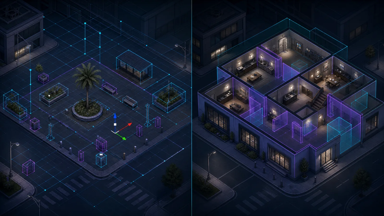 MLO vs YMAP: qué hacen realmente los dos archivos de mapa FiveM 4 Comparación isométrica de la colocación de objetos YMAP y un interior FiveM MLO transitable