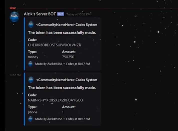 Discord bot messages showing generated FiveM redeem codes