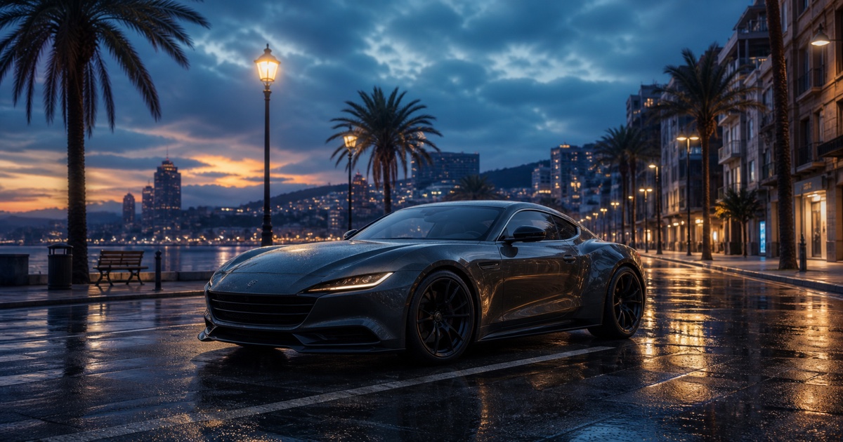 Stylized FiveM coastal city with a sports car and cinematic lighting