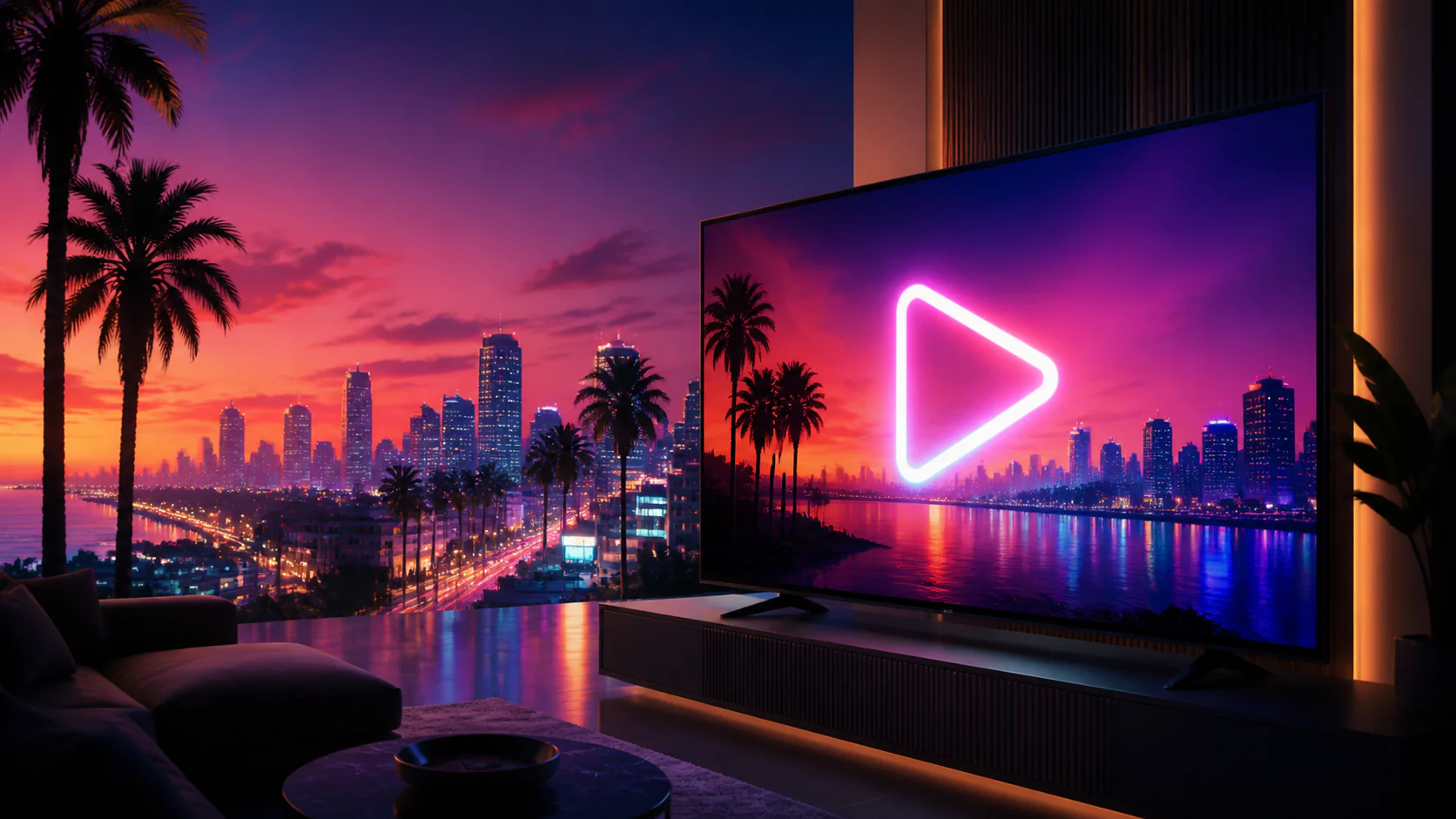 Neon coastal city and television representing the GTA 6 Extended Look streaming premiere